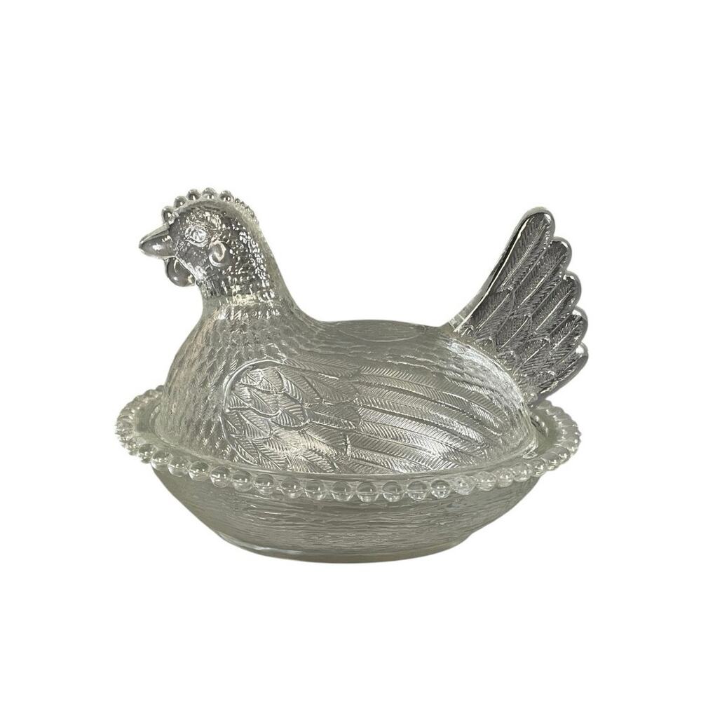 Vintage Indiana Glass Clear Hen On Nest Candy Dish Primitive CottageCore